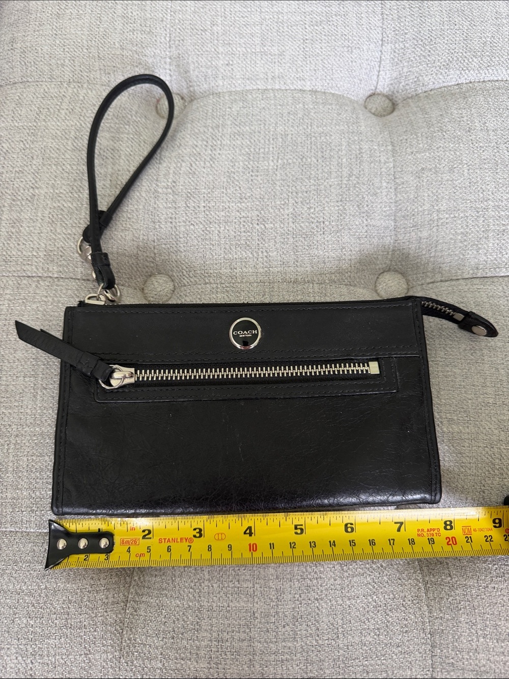 Coach Black Leather Wristlet Clutch with Front Zip Pocket